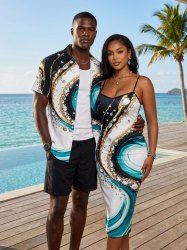 Diamond Curve Colorblock Print Matching Hawaii Beach Outfit For Couples -  