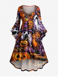 Robe asymétrique à manches évasées froncées, imprimé citrouilles et fantômes Halloween - Orange Foncé XXS