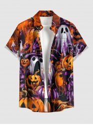 Halloween Pumpkin Ghost Print Buttons Pocket Shirt For Men -  