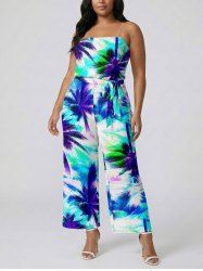 Coconut Tree Tropical Leaf Print Pocket Hawaii Jumpsuit With Removable Belt and Shoulder Strap -  