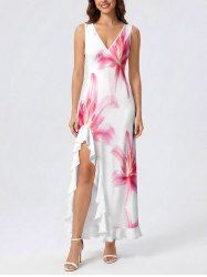 Flowers Watercolor Print Hawaii Ruffles Split Surplice Dress -  