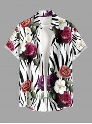 Zebra Striped Flower Leaf Print Hawaii Button Pocket Shirt For Men -  