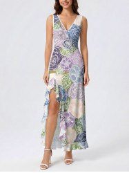 Robe portefeuille hawaïenne à imprimé fleurs et feuilles, volants et fente - Violet clair S