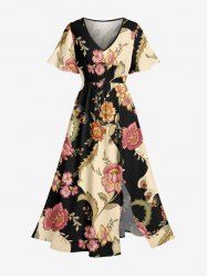 Robe midi hawaïenne à décolleté croisé et imprimé colorblock fleurs et feuilles - café lumière 5X