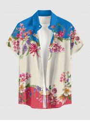 Chemise hawaïenne pour homme à imprimé fleurs et feuilles, colorblock, avec boutons et poche - Rouge Rose 2XL