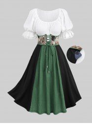 Robe grande taille médiévale Renaissance avec corset à lacets et œillets, volants et dentelle - Vert profond 2X | US 18-20
