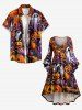 Robe asymétrique à manches évasées froncées, imprimé citrouilles et fantômes Halloween - Orange Foncé XXS