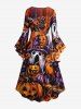 Robe asymétrique à manches évasées froncées, imprimé citrouilles et fantômes Halloween - Orange Foncé XXS