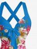 Robe à bretelles croisées avec nœud, imprimé colorblock fleurs et feuilles, style hawaïen - Rouge Rose XXXL