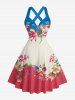 Robe à bretelles croisées avec nœud, imprimé colorblock fleurs et feuilles, style hawaïen - Rouge Rose XXXL