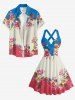 Robe à bretelles croisées avec nœud, imprimé colorblock fleurs et feuilles, style hawaïen - Rouge Rose XXXL