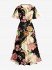 Robe midi hawaïenne à décolleté croisé et imprimé colorblock fleurs et feuilles - café lumière 5X