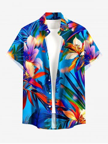 Flower Leaf Print Buttons Pocket Hawaii Shirt For Men - BLUE - 6XL