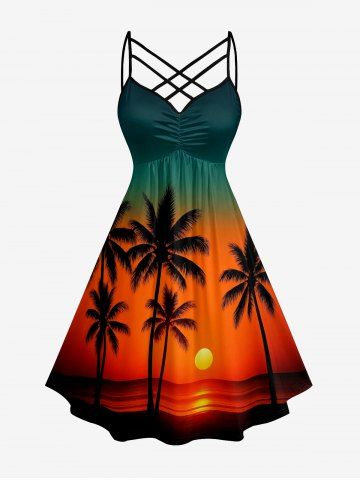 Robe hawaïenne à imprimé dégradé cocotier et coucher de soleil, à bretelles entrecroisées en croisillons et fronces - ORANGE - S