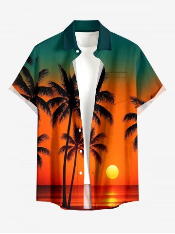 Coconut Tree Sunset Ombre Print Buttons Pocket Hawaii Shirt For Men - ORANGE - 6XL