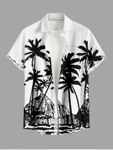 Coconut Tree Seascape Print Hawaii Button Pocket Shirt For Men - WHITE - M