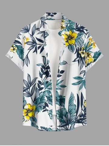 Flower Tropical Leaf Branch Print Hawaii Button Pocket Shirt For Men - WHITE - S