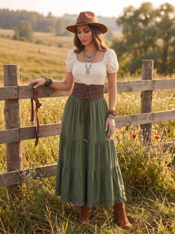 Plus Size Lace Up Grommets Waist Ruffles Skirt - DEEP GREEN - L | US 12