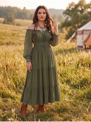 Plus Size Off The Shoulder Solid Elastic Waist A Line Dress with Removable Shoulder Strap - PLANT GREEN - L | US 12