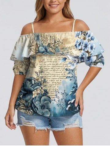 Blouse hawaïenne à imprimé fleurs, feuilles, branches et lettres, volants et épaules dénudées - LIGHT COFFEE - 2XL