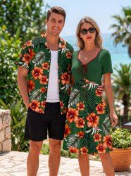 Tenue de plage hawaïenne assortie pour couple à imprimé fleur d'hibiscus et feuille tropicale - Vert profond 