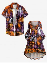 Ensemble assorti pour couple avec imprimé citrouille et fantôme d'Halloween - Orange Foncé 