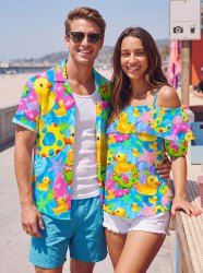 Tenue de plage hawaïenne assortie pour couples avec imprimé canards, bouées et étoiles de mer - Pers 