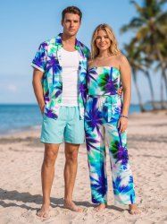 Coconut Tree Tropical Leaf Print Matching Hawaii Beach Outfit For Couples -  