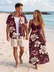 Ensemble de plage hawaïen assorti pour couple à motif fleurs, feuilles et branches - Rouge foncé 