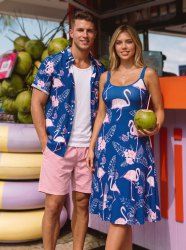 Flamingo Flowers Tropical Leaf Print Matching Hawaii Beach Outfit For Couples -  