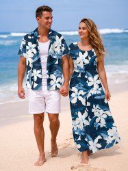 Flowers Leaf Print Matching Hawaii Beach Outfit For Couples -  