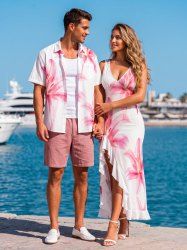 Flowers Watercolor Print Matching Hawaii Beach Outfit For Couples -  
