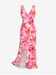 Robe hawaïenne portefeuille fendue à volants, imprimé tie-dye fleurs - Rose clair XS