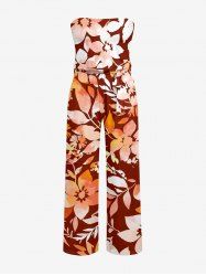 Combinaison hawaïenne à poches à imprimé ombré fleurs et feuilles avec ceinture et bretelles amovibles - Rouge brique XXS