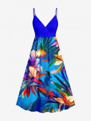 Robe camisole hawaïenne à imprimé fleurs et feuilles, décolleté croisé - Bleu 6X