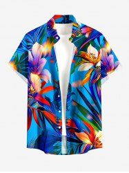 Chemise hawaïenne pour homme à imprimé fleurs et feuilles, avec boutons et poche - Bleu 2XL