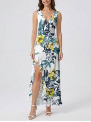 Robe fendue à volants hawaïenne à imprimé floral tropical et feuillage - Blanc XXXL