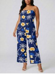 Combinaison hawaïenne à imprimé cocotier, fleurs et feuilles, avec poches, ceinture amovible et bretelles - Cadetblue 1X