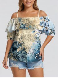 Flower Leaf Branch Letters Print Hawaii Ruffles Cold Shoulder Blouse -  