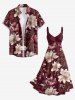 Ensemble de plage hawaïen assorti pour couple à motif fleurs, feuilles et branches - Rouge foncé 