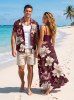 Ensemble de plage hawaïen assorti pour couple à motif fleurs, feuilles et branches - Rouge foncé 