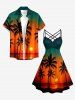 Robe hawaïenne à imprimé dégradé cocotier et coucher de soleil, à bretelles croisées et fronces - Orange 2X