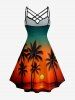 Robe hawaïenne à imprimé dégradé cocotier et coucher de soleil, à bretelles croisées et fronces - Orange 2X