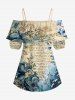 Flower Leaf Branch Letters Print Hawaii Ruffles Cold Shoulder Blouse -  