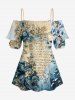 Flower Leaf Branch Letters Print Hawaii Ruffles Cold Shoulder Blouse -  