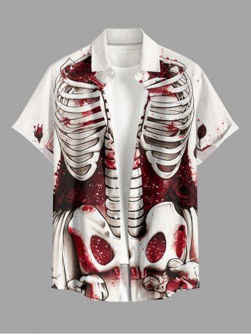 Halloween Skeleton Rose Flower Print Buttons Pocket Shirt For Men - DEEP RED - 6XL