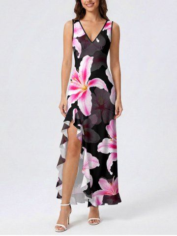 Robe portefeuille à volants et fente, imprimé floral hawaïen