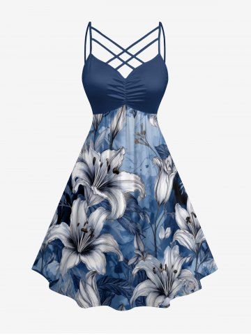 Robe hawaïenne à imprimé fleurs et feuilles, bretelles croisées en treillis froncé - CADETBLUE - 5X