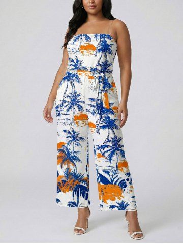 Combinaison hawaïenne à poches à imprimé cocotier et soleil, avec ceinture et bretelles amovibles - BLUE - S