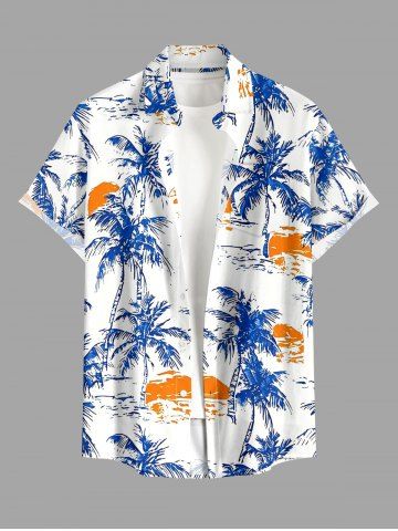 Coconut Tree Sun Print Buttons Pocket Hawaii Shirt For Men - BLUE - 6XL